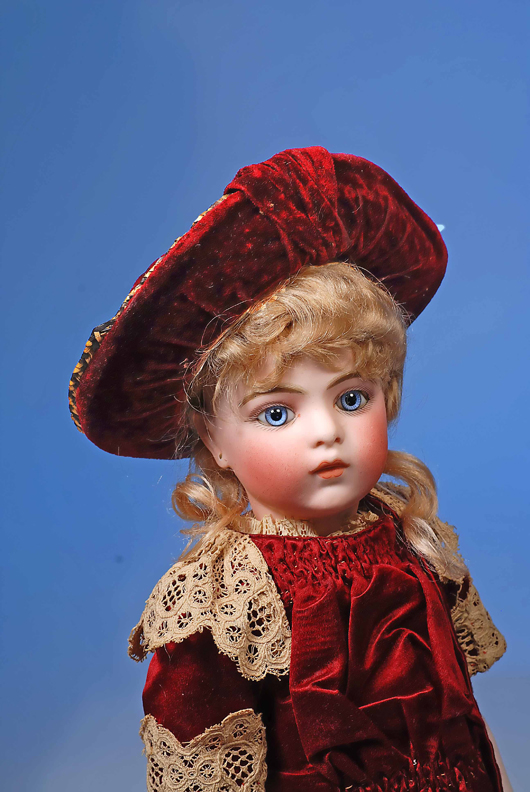 A stunning model of Bebe Bru Jne 3 with splendid blue eyes that command attention, labeled Bru Bebe body with lovely bisque hands. Estimate: $16,000-$24,000. Image courtesy of Frasher’s Doll Auction.