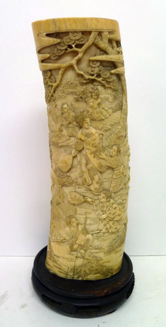 Carved ivory brush holder, 18th century, 7 7/8 inches tall, est. $4,000-$6,000. Asian Antiques Gallery image.