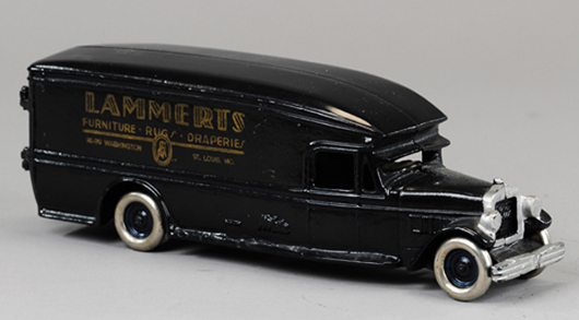 Arcade “White” moving van, Lammerts advertising, $29,900. Bertoia Auctions image.