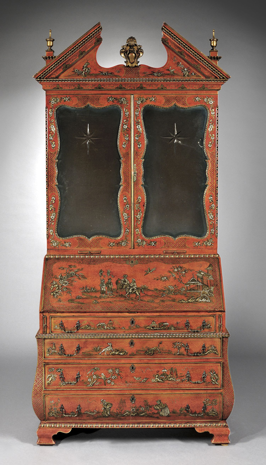 Georgian-style japanned bureau cabinet, mid-19th century, with persimmon ground gilt and enamel decorated with chinoiserie motifs. Estimate $3,000-$5,000. Image courtesy of Skinner Inc.