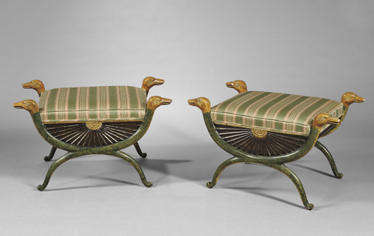 Pair of Russian Neoclassical painted and parcel-gilt X-form stools, 19th century, each with serpent-form legs, fan-carved frieze and upholstered seat. Estimate $3,000-$5,000. Image courtesy of Skinner Inc.