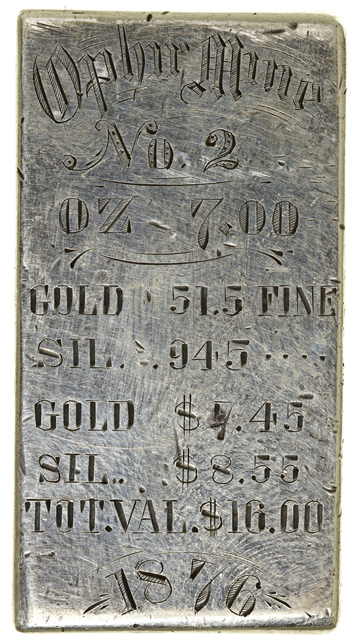Virginia City, Storey County, Nev., silver ingot pair from the Ophir mine, 1868 and 1876. The ingots, once owned by George F. Ford, secretary of the Virginia and Truckee Railroad, were discovered this year in an Eastern estate. Estimate: $15,000-$30,000. Image courtesy of Holabird-Kagin Americana.
