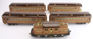 Lionel 408E standard gauge train set with electric engine, four compartmented coaches and original boxes, $35,395.82. Noel Barrett Auctions image.