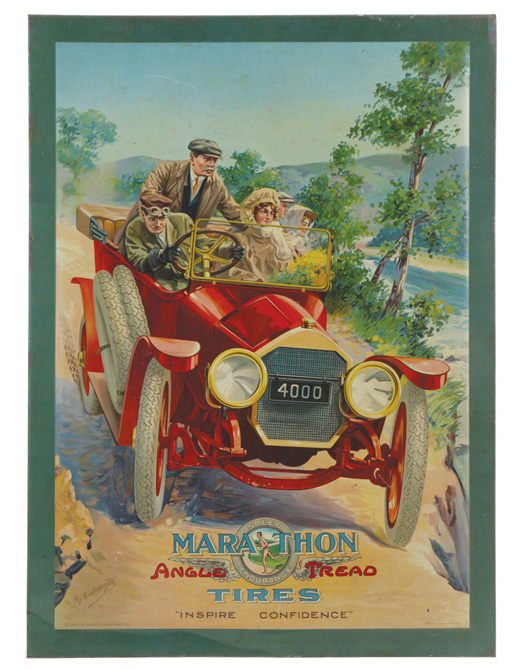 Self-framed Marathon Tires tin advertising sign, 22¾ inches by 19¾-inch, $16,520. Noel Barrett Auctions image.