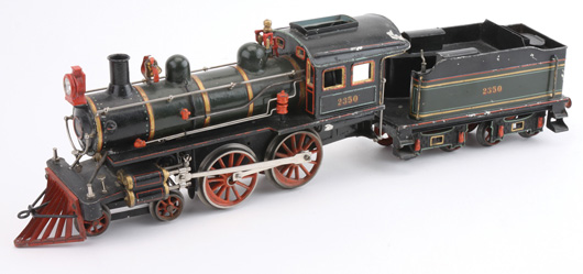 Carette (German) gauge 1 #2350 American profile steam loco and tender, $29,500. Noel Barrett Auctions image.