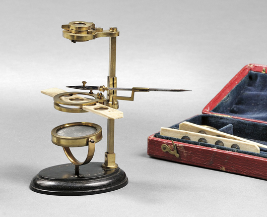 Cased Brass Naturalist's Microscope, W&S Jones, 30 Holborn, London, England, early 19th century. Est. $2,000-$4,000. Photo courtesy of Skinner Inc.