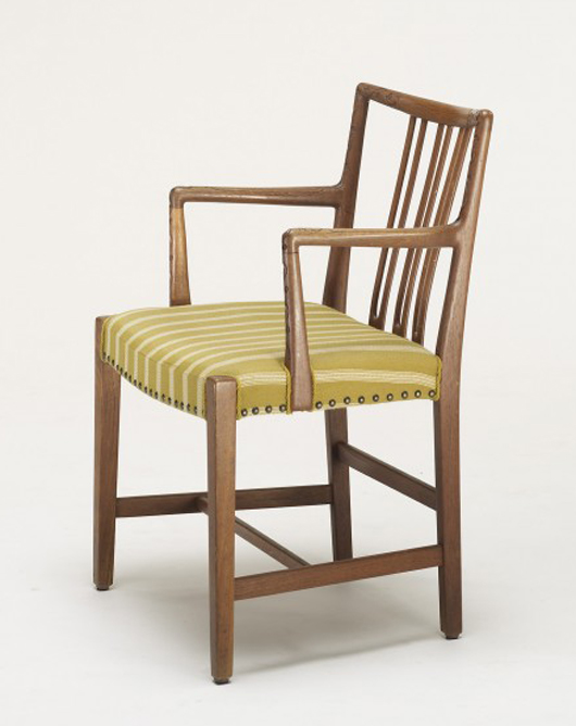 Hans Wegner armchair for Mikael Laursen, Denmark, circa 1945, oak, upholstery, 22 1/2 inches wide x 21 inches deep x 34 inches high. Estimate: $5,000-$7,000. Image courtesy of Wright.