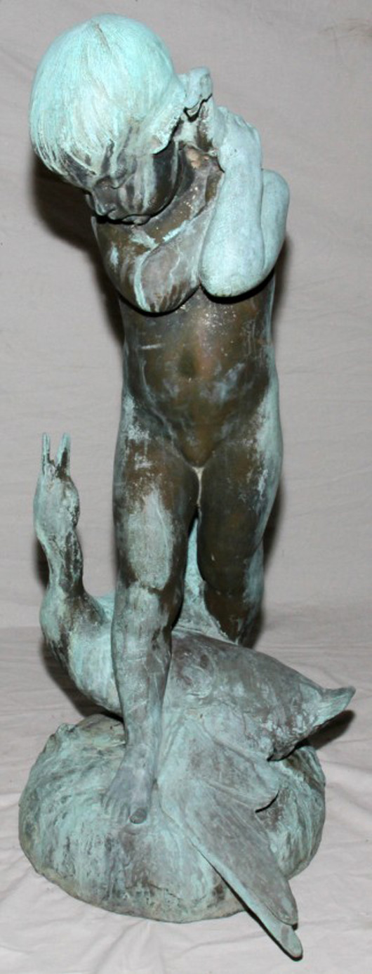 Edward Berge (American, 1876-1924), bronze garden fountain, 41 inches high x 21 inches wide, ‘Duck Mother,’ signed ‘Berge’ and inscribed ‘B4 Roman Bronze Works’ along the base. Estimate: $15,000-$25,000. Image courtesy of DuMouchelles.