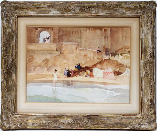 Sir William Russell Flint (Scottish, 1880-1969), watercolor, 9 1/2 inches x 13 inches, Algerian beach scene, signed lower left. Estimate: $15,000-$25,000. Image courtesy of DuMouchelles.