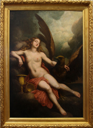 Old master oil on canvas, 18th century, 70 inches x 49 1/2 inches, 'Hebe and Jupiter,’ allegorical painting of the Greek goddess Hebe with the eagle Jupiter, framed. Estimate: $15,000-$20,000. Image courtesy of DuMouchelles.