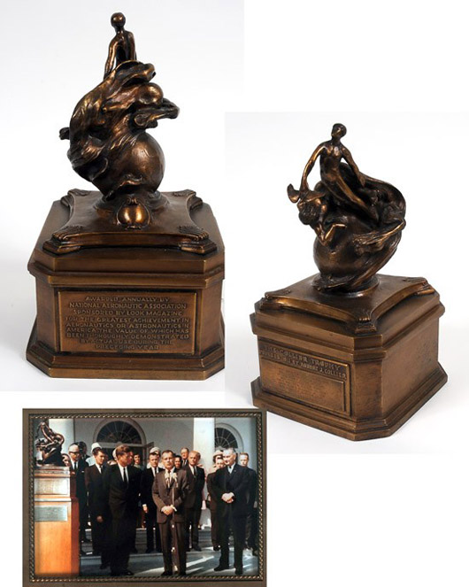 Mercury Program, 1962, Collier Trophy presented to Maj. Donald ‘Deke’ Slayton, 14 inches high. Estimate: $15,000-$20,000. Lot includes framed photograph of presentation ceremony with President John F. Kennedy. Image courtesy of Ira and Larry Goldberg Auctioneers.