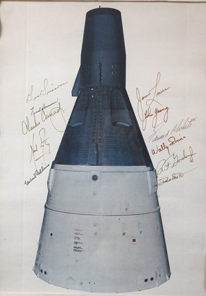 Gemini Program, circa1965, signed ‘space capsule’ color lithograph signed by Gus Grissom, Frank Borman, Charles Conrad, Neil Armstrong, Michael Collins, James Lovell, John Young, Edward White, Wally Schirra, Robert Gordon and Dave Scott. Estimate: $7,500 -$10,000. Image courtesy of Ira and Larry Goldberg Auctioneers.