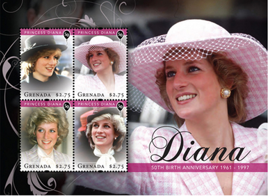From a selection of Princess Diana 50th birthday commemorative stamps issued by Grenada.