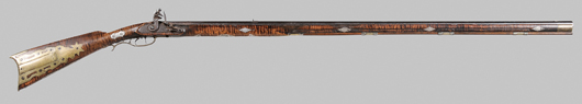 The Guilford County School of riflemaking was active from 1795 to 1902 and became the largest in North Carolina and the South. Their longrifles were known locally as 'Jamestown Rifles.' Willam Lamb (born 1806) crafted this elaborate long rifle between 1830 and 1840. It carries a pre-sale estimate of $4,000/$8,000. Image courtesy Brunk Auctions.  