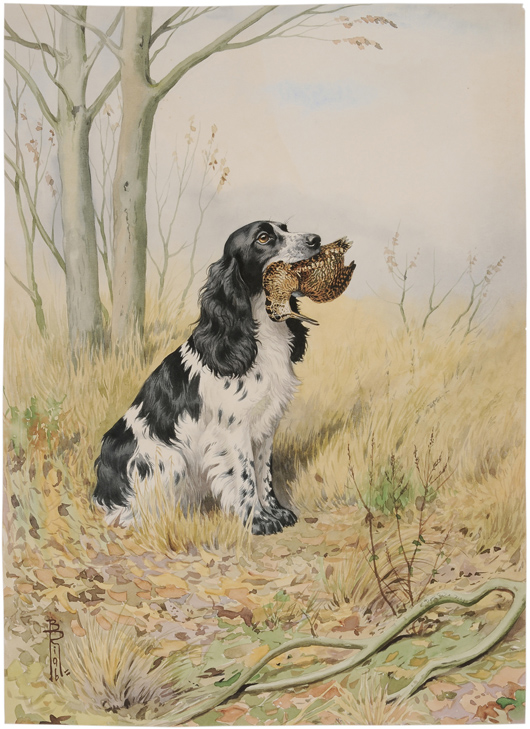 Lot 77: Buyers have a chance to purchase lots from a definitive collection of sporting watercolors by French/Russian artist Boris Riab (1898-1975). Pre-sale estimates for the 38 Riab lots range from $300 to $1,200. This English springer spaniel with woodcock estimated to bring $300/$600. Image courtesy Brunk Auctions.