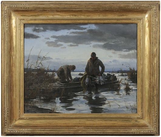 The hunters in Ogden Minton Pleissner’s The End of the Day, Duck Shooting look weary but were successful. The 16 x 20 inch oil on canvas in its original fame is estimated at $20,000/$30,000. Image courtesy Brunk Auctions.