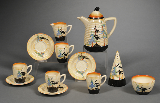 This group of tea wares in the Bizarre Ware Pine Groves pattern, sold for $1,659, would be perfect for a mountain retreat. Courtesy Skinner Inc.