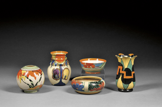 Sold as a group for $3,851, the five pieces with bold geometric patterns included a round Honolulu vase at left. Courtesy Skinner Inc.