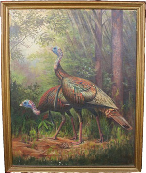 Oil on canvas of wild turkeys, signed ‘O.J. Gromme. 43,’ 24 x 30 inches. Image courtesy of LiveAuctioneers Archive and Manor Auctions.
