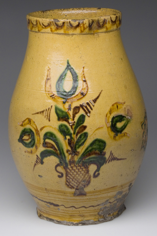 Valley of Virginia slip-decorated earthenware pitcher: $14,950. Image courtesy of Jeffrey S. Evans & Associates Inc.