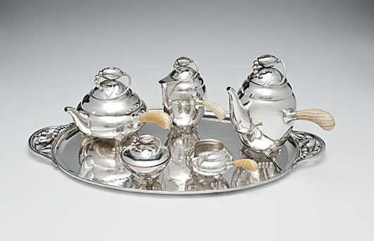 Gerog Jensen sterling coffee and tea service. Estimate: $15,000-$25,000. Image courtesy of Cowan’s Auctions.