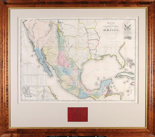 John Disturnell (1801-1877), ‘Mapa de los Estados Unidos de Mejico ...’, 1847, hand-colored engraved folding map, on two sheets, joined as issued, published by J. Disturnell, NY, sheet 30 1/2 inches x 42 1/4 inches: $107,000. Image courtesy of Neal Auction Co.