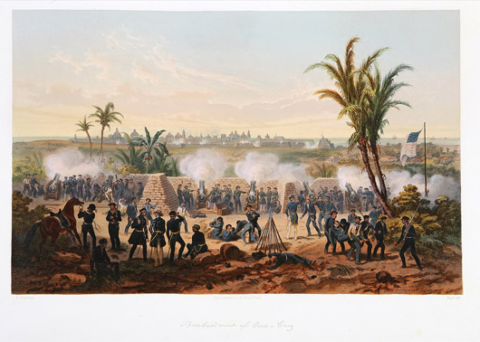 A plate from ‘The War between the United States and Mexico’ by George Wilkins Kendall (1809-1867) and Carl Nebel (1805-1855), 1851, Appleton & Co., New York and Phil., folio (22 inches x 16 1/2 inches), first edition: $86,712. Image courtesy of Neal Auction Co.