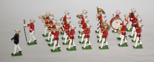 Britains set #2112, U.S. Marine band in summer dress, 25 pieces, $1,320. Old Toy Soldier Auctions image.