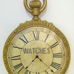 A large cast metal pocket watch served as the sign for a clock or watch maker in the late 1800s. This trade sign is 41 inches high. Image courtesy of LiveAuctioneers Archive and Pook & Pook Inc.