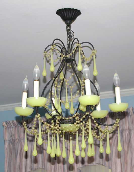Five-light chandelier with opalescent drops and beading. Image courtesy of Leighton Galleries.
