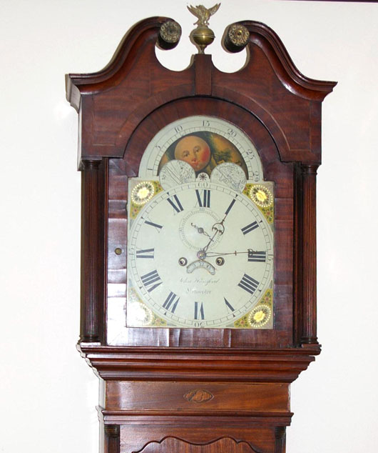 English mahogany tall-case clock, John Hansford, 91 inches. Image courtesy of Leighton Galleries.