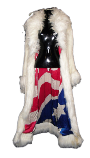 Britney Spears stage-worn faux fur coat for her HBO Special ‘Britney Live’ and also worn on her Dream Within A Dream tour from November 2001 to January 2002, studded with sequins and studs. Image courtesy of Premiere Props.