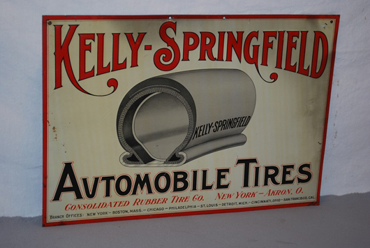 Kelly-Springfield Automobile Tires, Consolidated Rubber Tire, tin embossed sign: $3,190. Image courtesy of Matthews Auctions LLC.