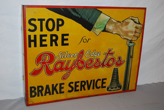 Raybestos Brake Service “Stop Here For Silver Edge” tin flange sign, rated 8: $4,675. Image courtesy of Matthews Auctions LLC.