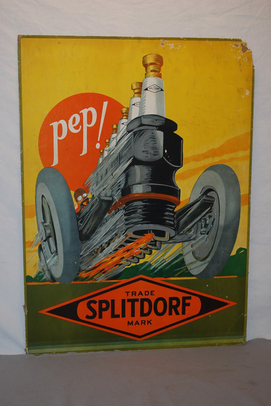 Splitdorf Spark Plus (“Pep!”) single-sided cardboard sign with great graphics: $2,200. Image courtesy of Matthews Auctions LLC.