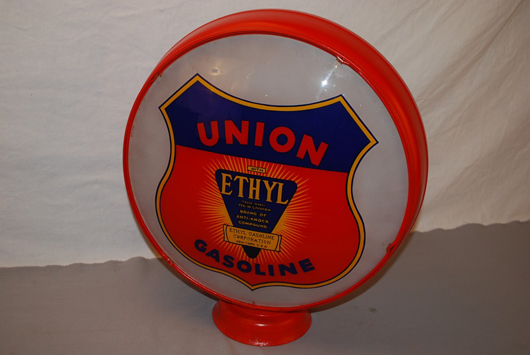 Union Gasoline 15-inch single lens in metal globe body, with Ethyl logo, rated 8: $2,035. Image courtesy of Matthews Auctions LLC.