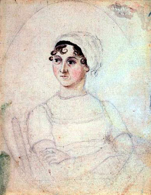 1810 watercolor and pencil portrait of Jane Austen painted by Cassandra Austen. National Portrait Gallery, London.