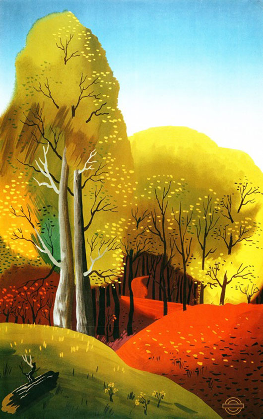 E. McKnight Kauffer, 'How bravely Autumn paints upon the Sky.' Poster, 1938. Image by permission and copyright Transport for London, London Transport Museum.