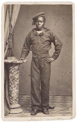 Civil War-era studio portrait of a young African-American sailor, identified by pencil notation on verso: 'Jim/Steward...Steerage Mess/My Servant.' Sold by Cowan's Auctions for $3,000 on Dec. 4, 2008. Image courtesy of LiveAuctioneers.com archive and Cowan's Auctions.