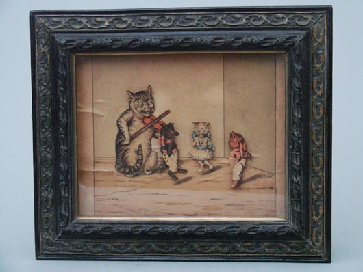 Circa-1887 German paper litho Musical Cats bank; when coin is inserted on right side, mama cat fiddles and kittens dance a jig to music-box tune, $10,415. RSL Auction Co. image.