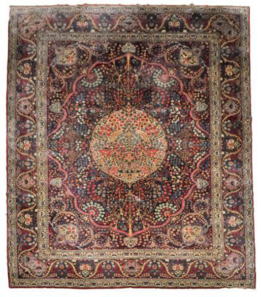 Antique Lavar Kerman wool rug, 12 feet 10 inches x 9 feet 7 inches. Estimate: $5,000-$7,000. Image courtesy of Gray’s Auctioneers.