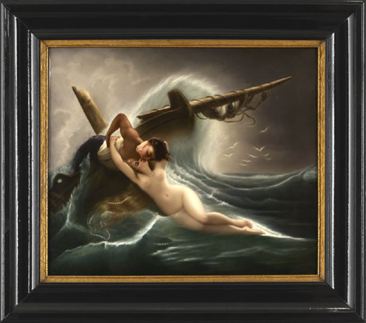 KPM porcelain plaque, circa 1900, after Gustav Werthiemers (Austria, 1847-1904) ‘The Kiss of the Wave,’ in a molded ebonized frame, 11 x 13 1/4 inches overall. Estimate: $2,500-$4,000. Image New Orleans Auction Galleries Inc.