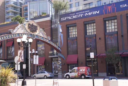 Sony has branded the Hard Rock Hotel, located at the entrance to the Gaslamp district, for its 2012 release of  ‘The Amazing Spider-Man,’ its fourth Spider-Man feature film. Photo by Michael A. Solof.