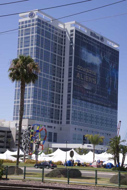 The Hilton Bayfront, situated at one end of the San Diego Convention Center, has been branded for the upcoming feature film ‘Cowboys and Aliens.’ Photo by Michael A. Solof.