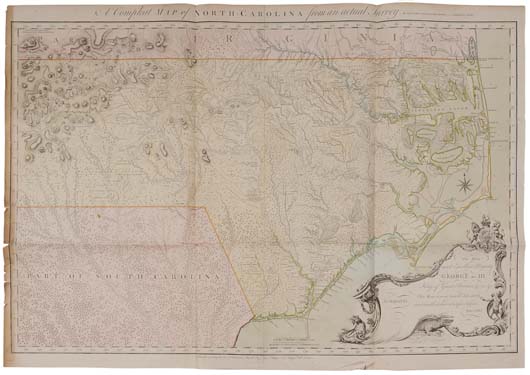 Collet’s 30 ½” X 44 ½” map of North Carolina, was published in London, 1770. With fresh colors, the unframed map was the top lot of the sale at $192,000 (est. $40,000/$60,000). Image courtesy of Brunk Auctions. Image courtesy of Brunk Auctions.