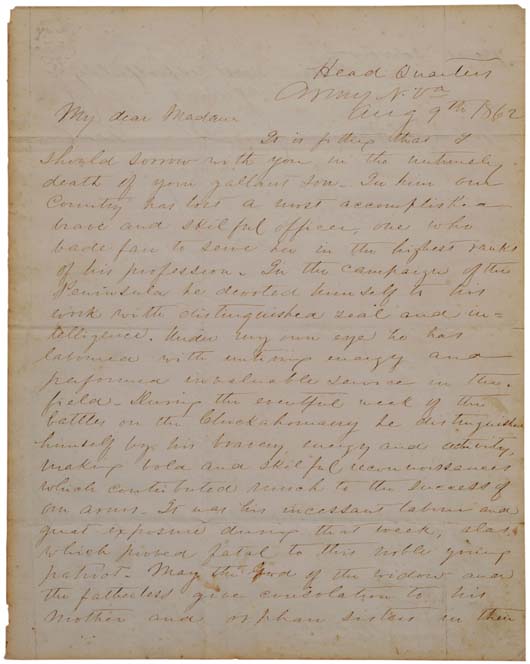 Robert E. Lee sent his condolences to Julia Haskins Meade on the death of her son, Major Richard Kidder Meade in a hand written letter dated August 9, 1862.  Included with the letter was the hand-addressed envelope with a five cent stamppostmarked. “We kept the letter wrapped up and never took it out in the light,” said the consignor. The letter sold for $15,600. Image courtesy of Brunk Auctions.