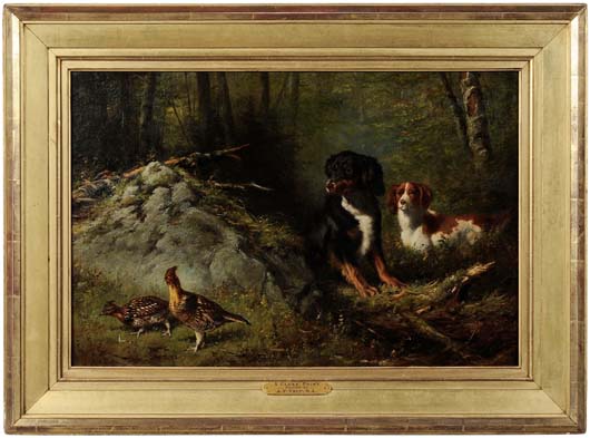 Arthur F. Tait’s A Close Point, a 16 ¼”X 24-1/8” oil on canvas of ruffed grouse and spaniels, sold for $66,000. Image courtesy of Brunk Auctions.