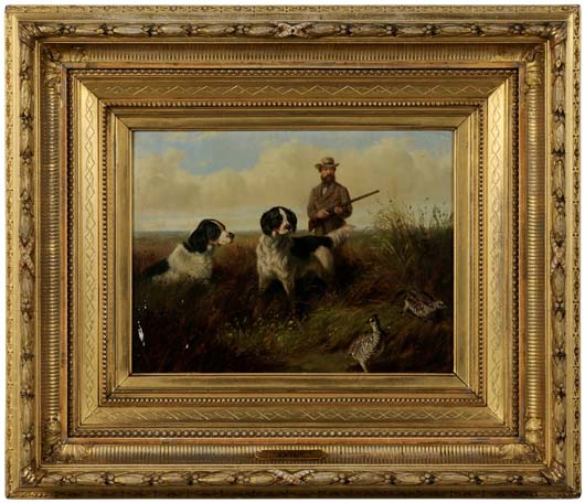 Prairie Shooting by Arthur F. Tait was signed and dated (1876). The 9 ½” X 12½” oil on canvas brought $36,000 (est. $12,000/$18,000). A third Tait painting with an identical pre-sale estimate, A Covey of Grouse (10 ¾” X 15½”) brought $21,600. Image courtesy of Brunk Auctions.