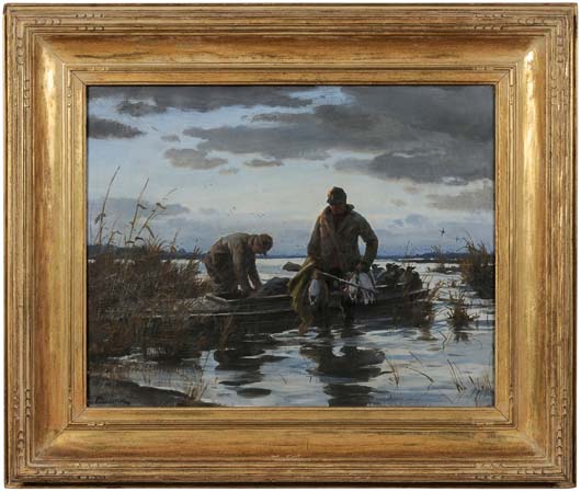 Ogden Pleisser’s The End of Day, Duck Shooting opened at its $16,000 reserve. The 16” X 20” oil on canvas in its original Newcomb-Macklin frame sold to the phones for $43,200 (est. $20,000/$30,000). Image courtesy of Brunk Auctions.