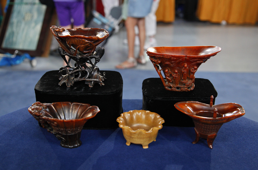 Collection of five late 17th/early 18th century Chinese carved rhinoceros-horn cups appraised for $1M to $1.5M on PBS's Antiques Roadshow. Image copyright Antiques Roadshow, used by permission.